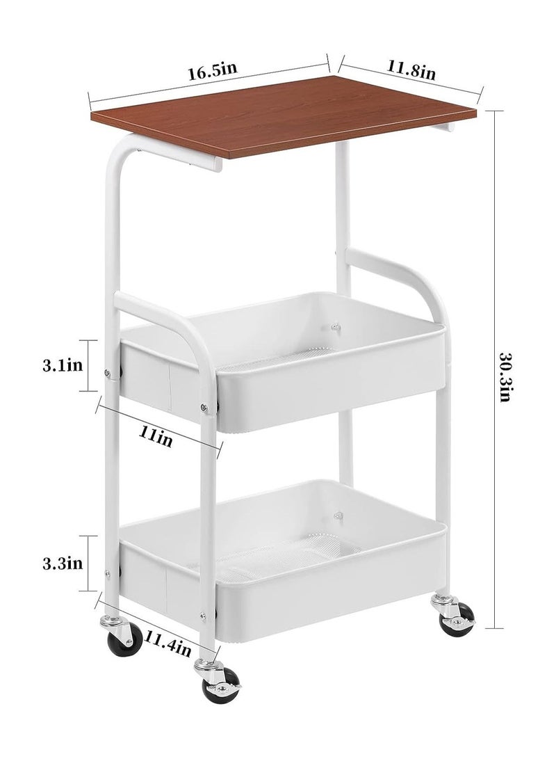 اكسيسن رفوف متحركة منظمة عربة معدنية ، مع طاولة خشبية ، منظمة تخزين متعددة الوظائف  عربة تخزين مطبقية مطبخ طاوله وعربه للمطبخ والحمام وغرفة المعيشة والمكتب (بيضاء) - Image 2